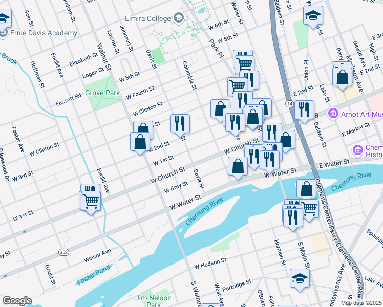 map of restaurants, bars, coffee shops, grocery stores, and more near 405 West 1st Street in Elmira