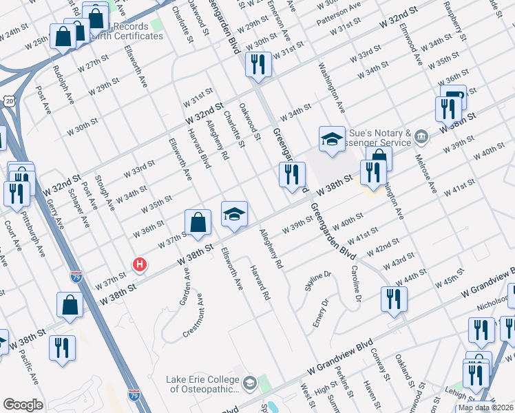 map of restaurants, bars, coffee shops, grocery stores, and more near 1712 West 38th Street in Erie