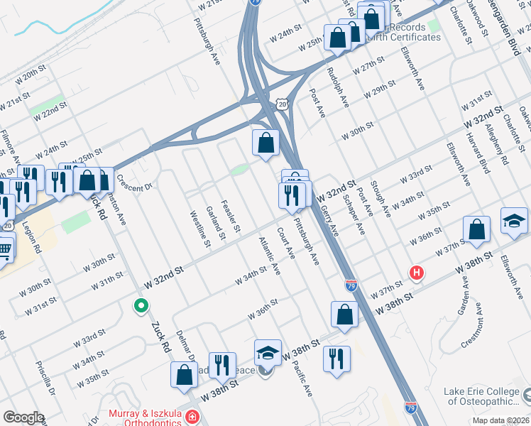 map of restaurants, bars, coffee shops, grocery stores, and more near 3114-3198 Court Ave in Erie