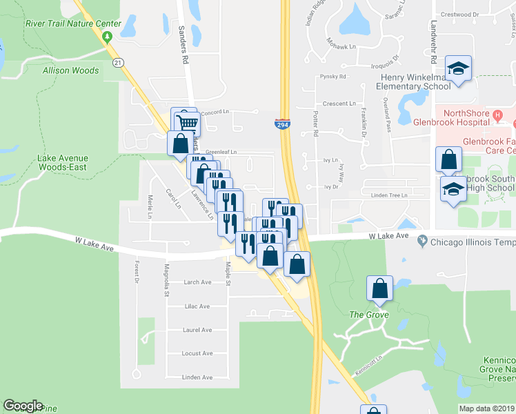 map of restaurants, bars, coffee shops, grocery stores, and more near 3622 Salem Walk in Northbrook