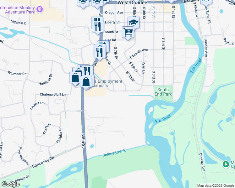 map of restaurants, bars, coffee shops, grocery stores, and more near 753 Strom Drive in West Dundee