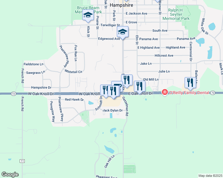 map of restaurants, bars, coffee shops, grocery stores, and more near 122-132 West Oak Knoll Drive in Hampshire