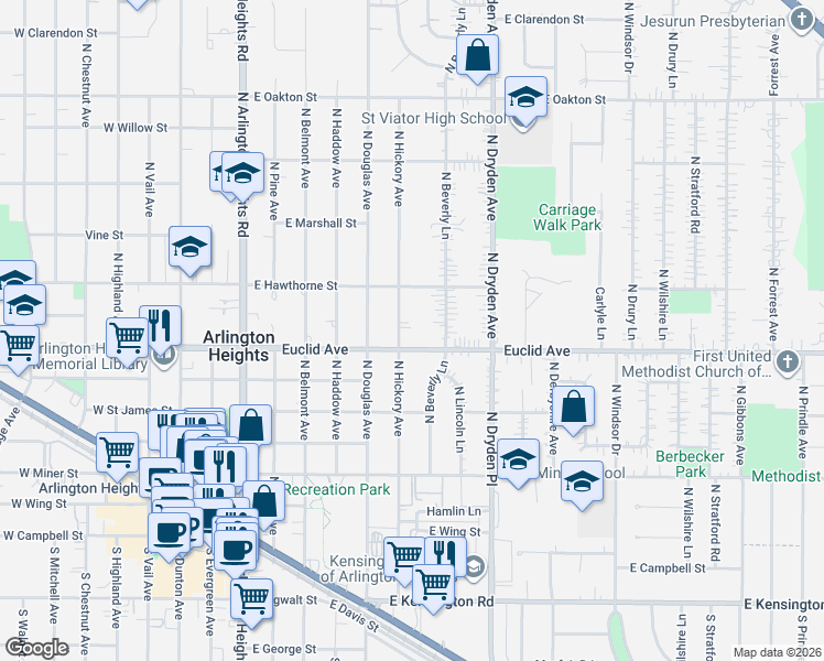 map of restaurants, bars, coffee shops, grocery stores, and more near 714 East Euclid Avenue in Arlington Heights