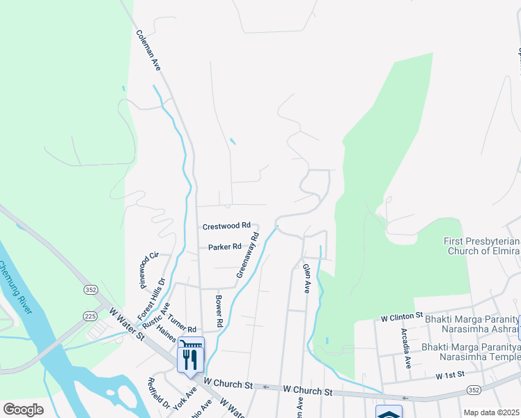 map of restaurants, bars, coffee shops, grocery stores, and more near 1712 Crestwood Rd in Elmira