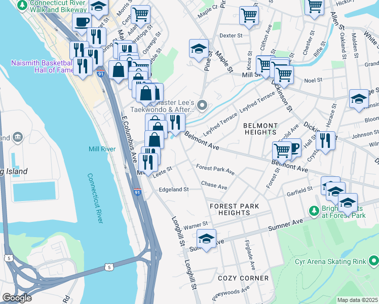 map of restaurants, bars, coffee shops, grocery stores, and more near 67 Fort Pleasant Avenue in Springfield