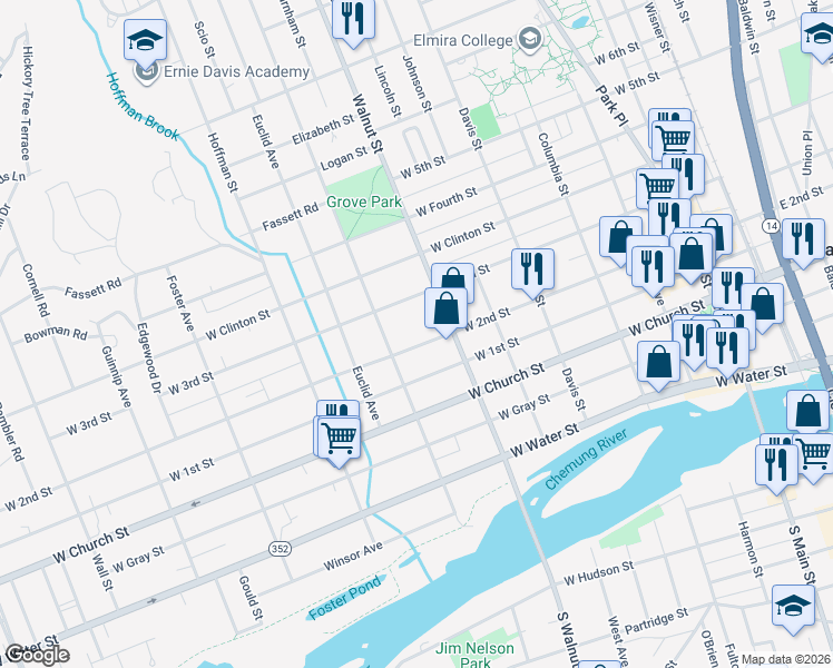 map of restaurants, bars, coffee shops, grocery stores, and more near 514 West 2nd Street in Elmira