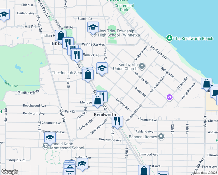 map of restaurants, bars, coffee shops, grocery stores, and more near 353 Melrose Avenue in Kenilworth