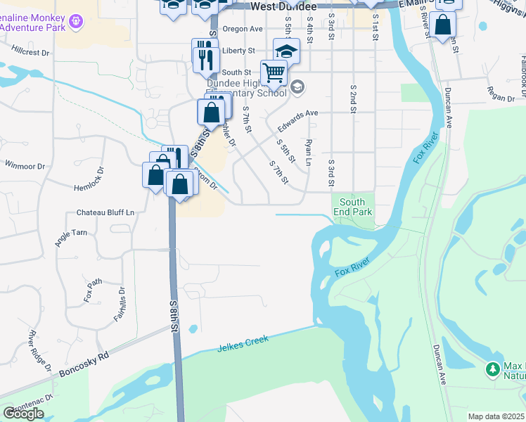 map of restaurants, bars, coffee shops, grocery stores, and more near 741 Strom Drive in West Dundee