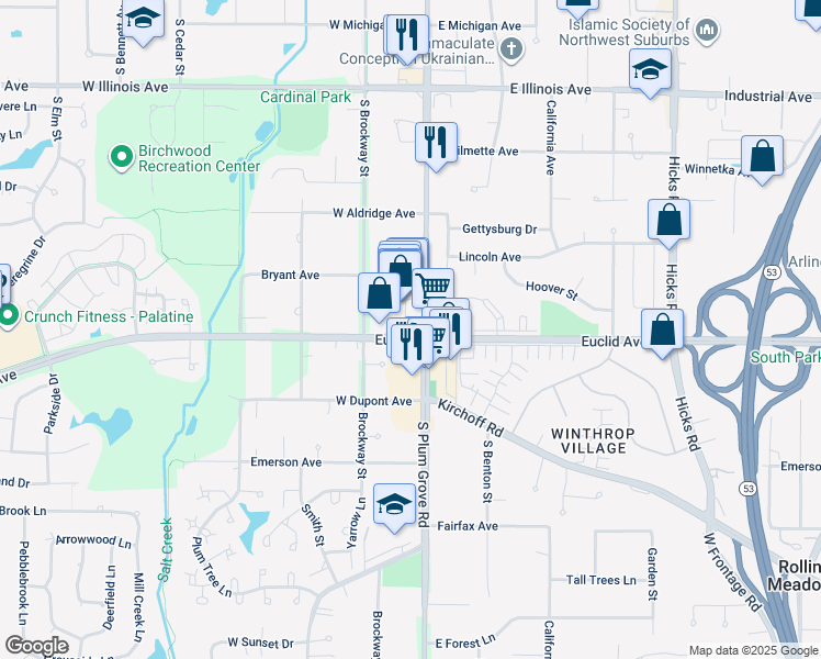 map of restaurants, bars, coffee shops, grocery stores, and more near 2122 Plum Grove Road in Rolling Meadows