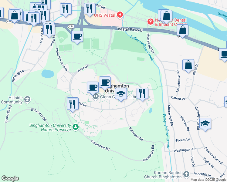 map of restaurants, bars, coffee shops, grocery stores, and more near 4400 Vestal Parkway East in Binghamton