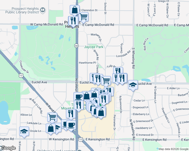 map of restaurants, bars, coffee shops, grocery stores, and more near 213 South Maple Lane in Prospect Heights