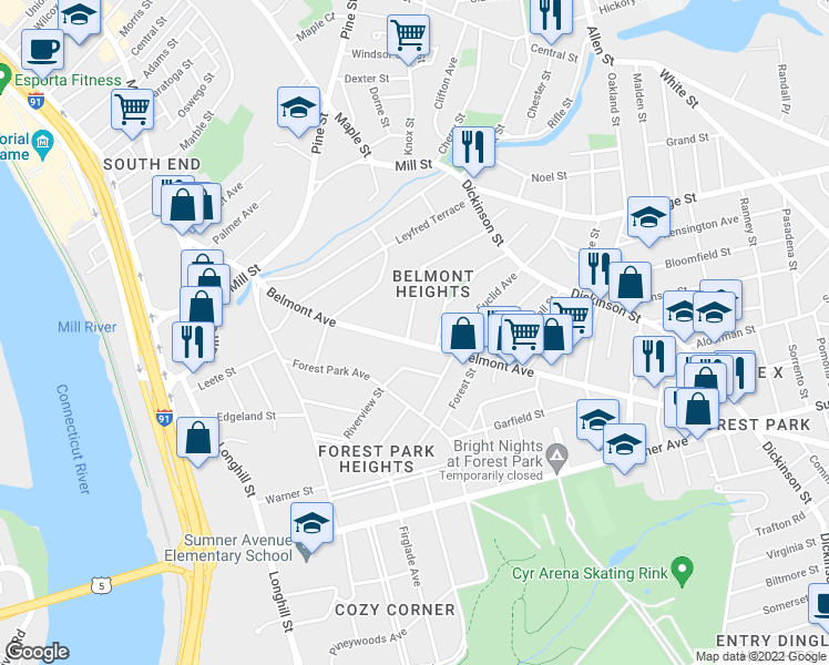 map of restaurants, bars, coffee shops, grocery stores, and more near 9 Bellevue Avenue in Springfield