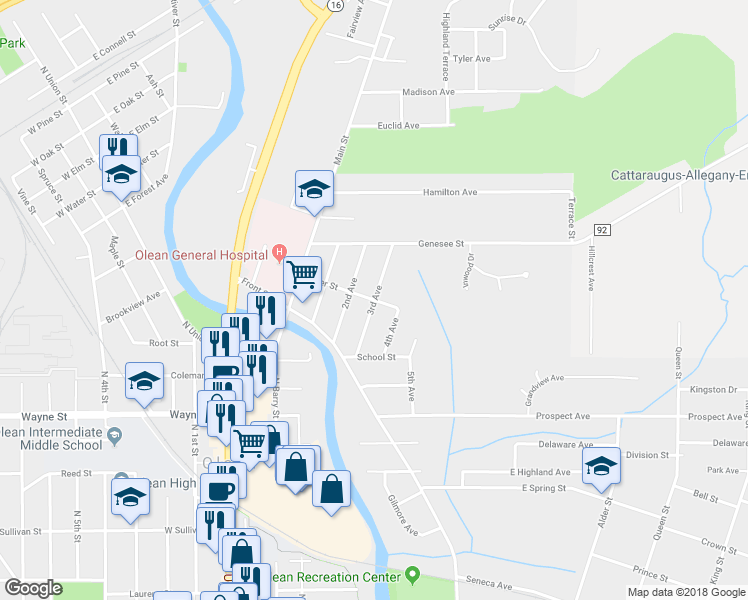 map of restaurants, bars, coffee shops, grocery stores, and more near 399 Center Street in Olean