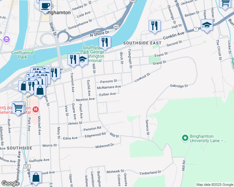map of restaurants, bars, coffee shops, grocery stores, and more near 24 Esther Avenue in Binghamton