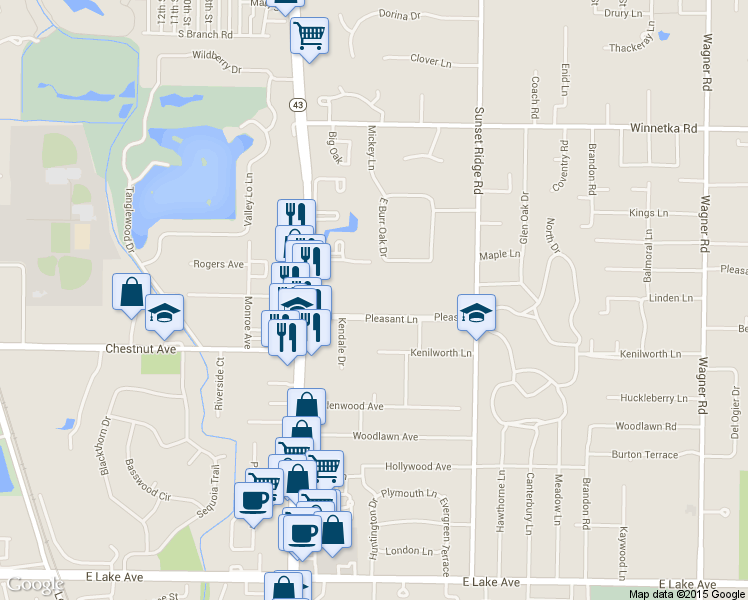 map of restaurants, bars, coffee shops, grocery stores, and more near 1438 Pleasant Lane in Glenview