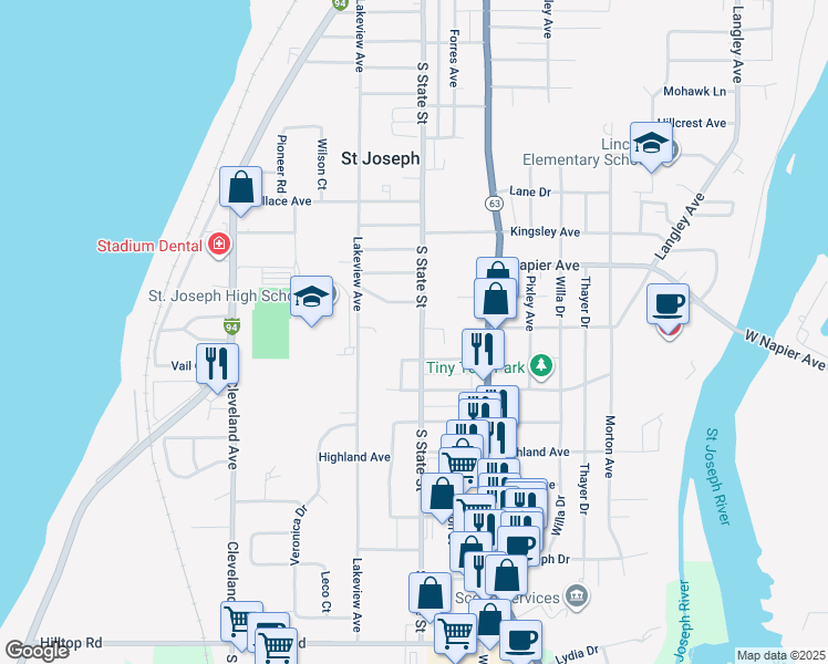 map of restaurants, bars, coffee shops, grocery stores, and more near 2604 South State Street in St. Joseph