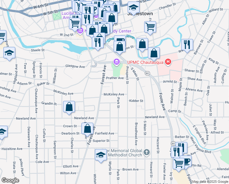map of restaurants, bars, coffee shops, grocery stores, and more near 70 Prospect Street in Jamestown