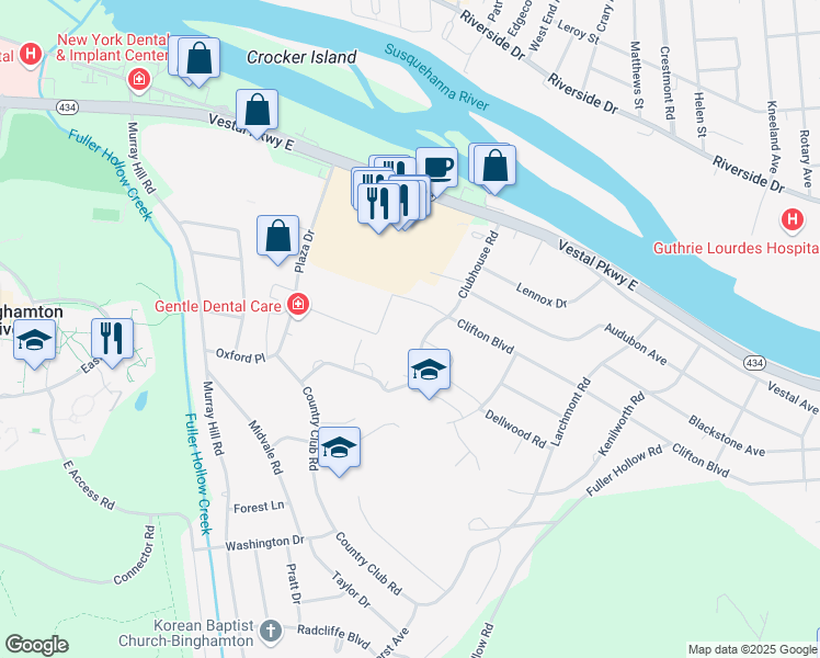 map of restaurants, bars, coffee shops, grocery stores, and more near 410 Clubhouse Road in Vestal
