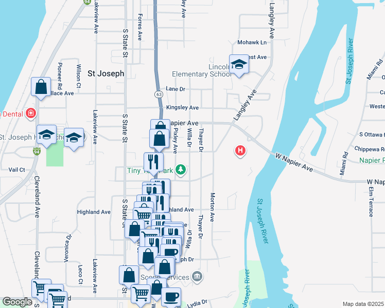 map of restaurants, bars, coffee shops, grocery stores, and more near 2601 Willa Drive in St. Joseph