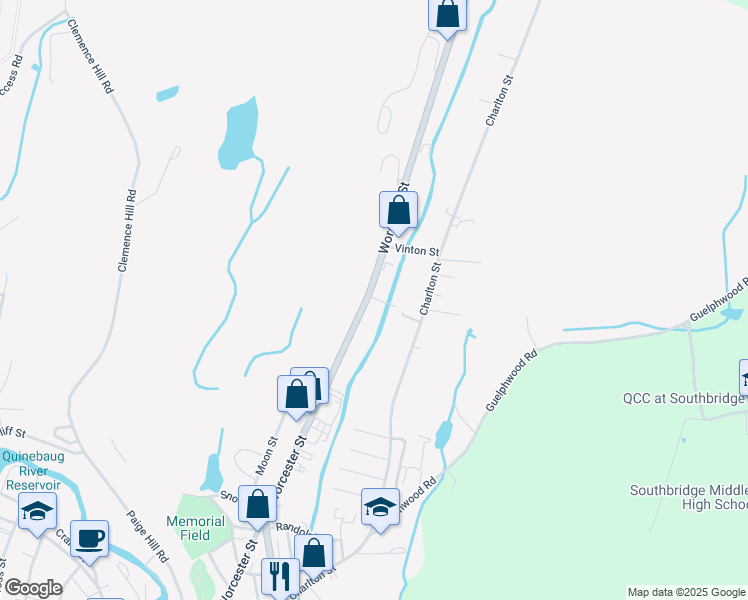 map of restaurants, bars, coffee shops, grocery stores, and more near 416 Worcester Street in Southbridge