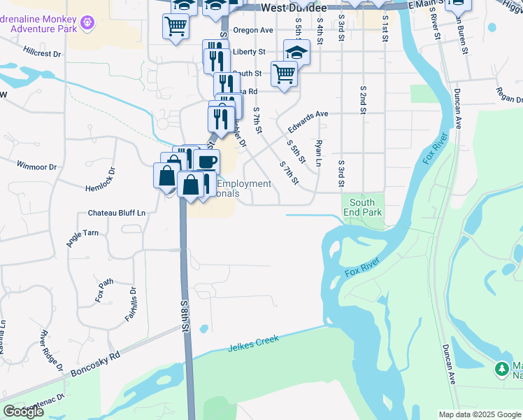 map of restaurants, bars, coffee shops, grocery stores, and more near 753 Strom Drive in West Dundee