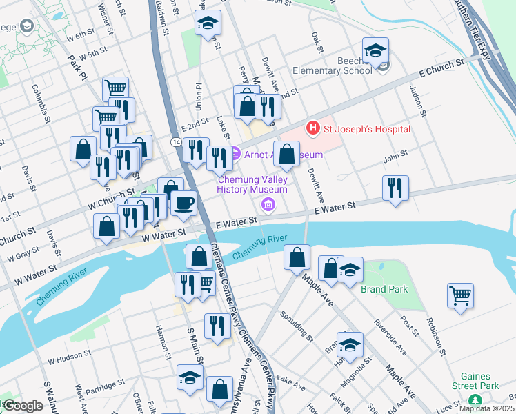 map of restaurants, bars, coffee shops, grocery stores, and more near 331 East Water Street in Elmira
