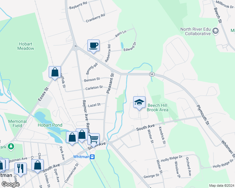 map of restaurants, bars, coffee shops, grocery stores, and more near 1A Simmons Avenue in Whitman