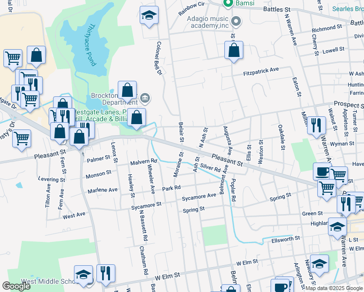 map of restaurants, bars, coffee shops, grocery stores, and more near 4 Belair Street in Brockton