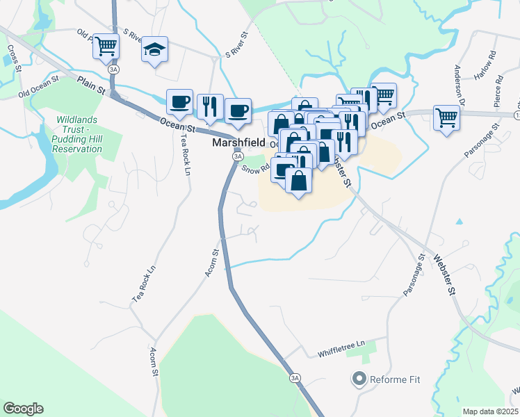map of restaurants, bars, coffee shops, grocery stores, and more near 12 Tea Rock Gardens in Marshfield