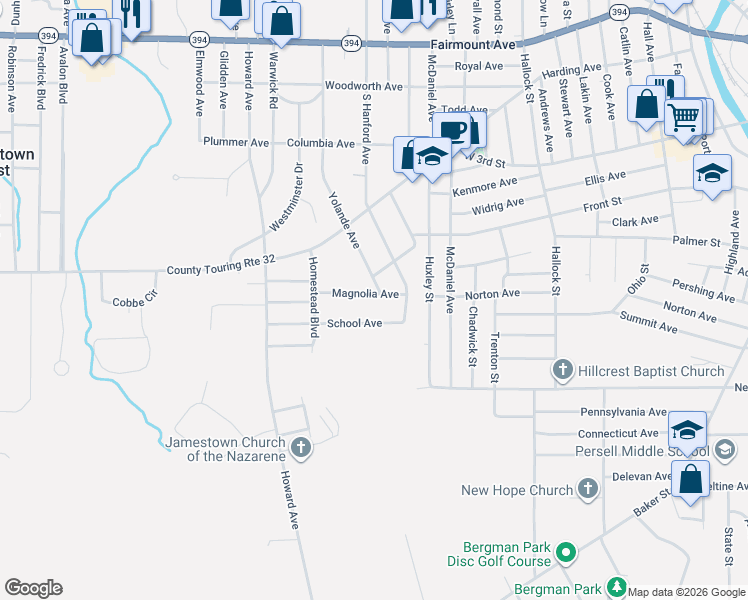 map of restaurants, bars, coffee shops, grocery stores, and more near 26 School Avenue in Jamestown