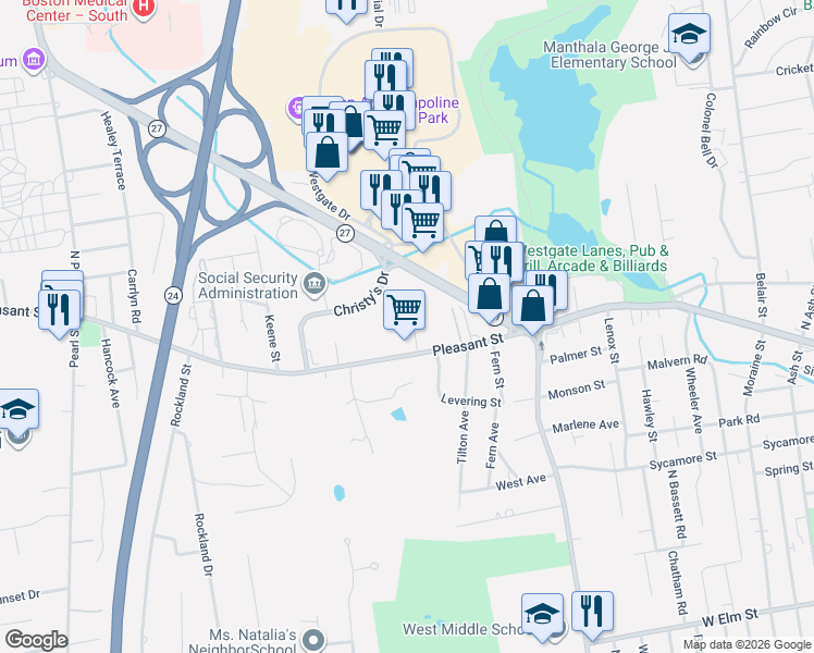 map of restaurants, bars, coffee shops, grocery stores, and more near 795 Pleasant Street in Brockton