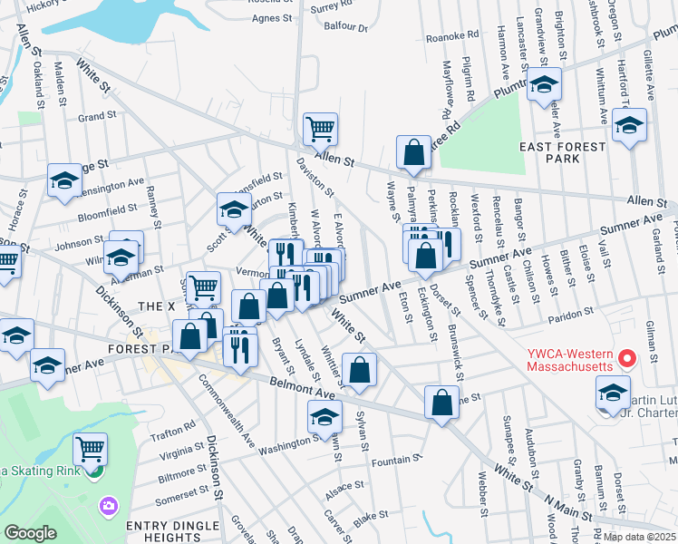map of restaurants, bars, coffee shops, grocery stores, and more near 22 West Alvord Street in Springfield