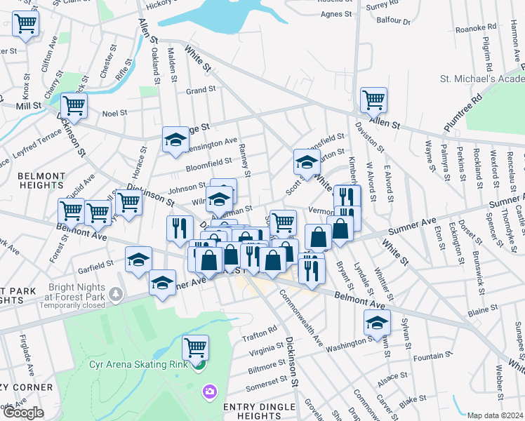 map of restaurants, bars, coffee shops, grocery stores, and more near 16-18 Sorrento Street in Springfield