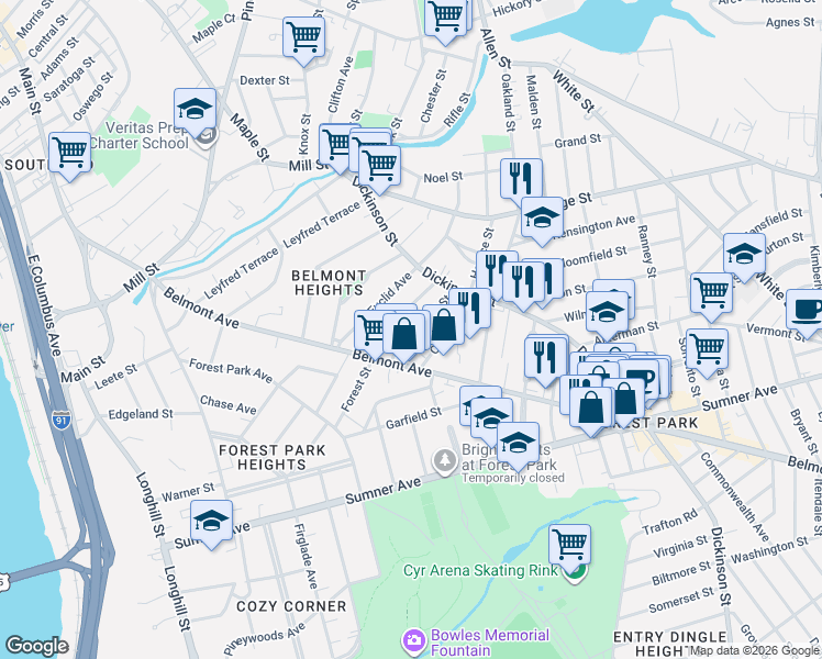 map of restaurants, bars, coffee shops, grocery stores, and more near 22 Hall Street in Springfield