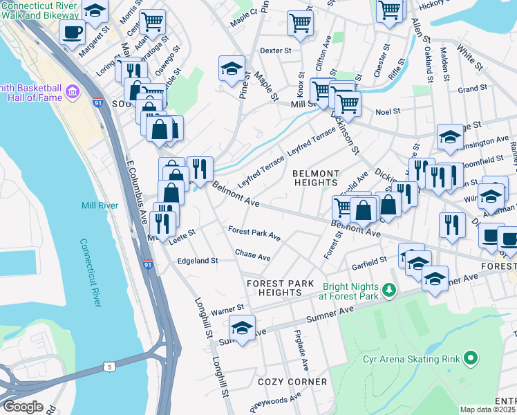 map of restaurants, bars, coffee shops, grocery stores, and more near 130-132 Belmont Avenue in Springfield