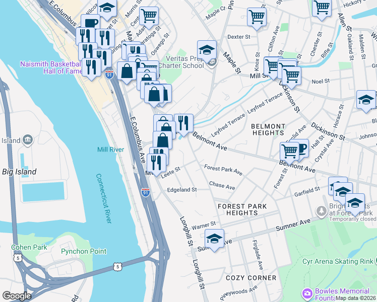 map of restaurants, bars, coffee shops, grocery stores, and more near 70 Leete Street in Springfield