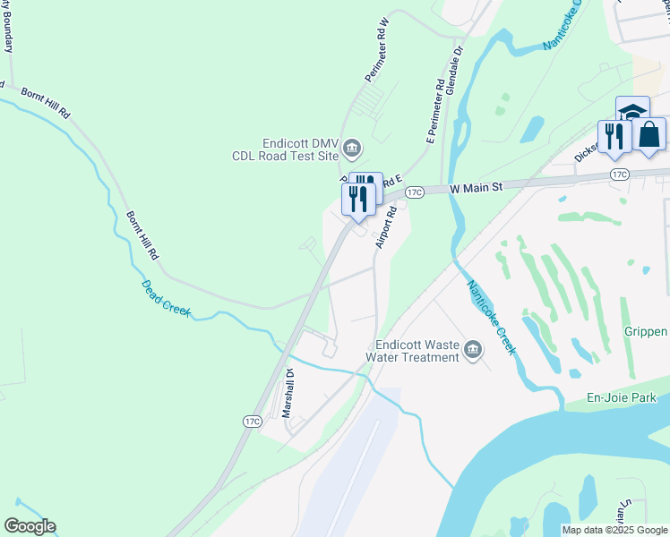 map of restaurants, bars, coffee shops, grocery stores, and more near 113-115 Bornt Hill Road in Endicott