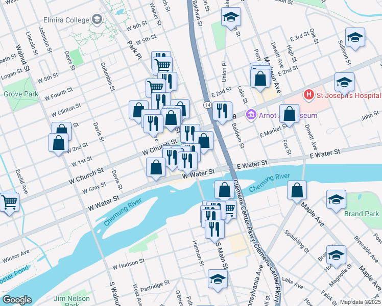 map of restaurants, bars, coffee shops, grocery stores, and more near 150 North Main Street in Elmira