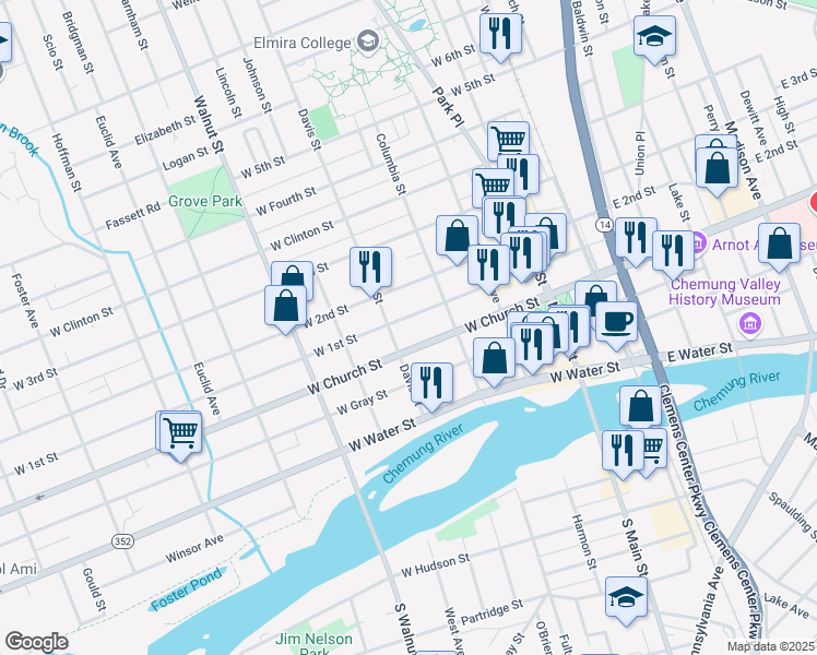 map of restaurants, bars, coffee shops, grocery stores, and more near 374 West Church Street in Elmira