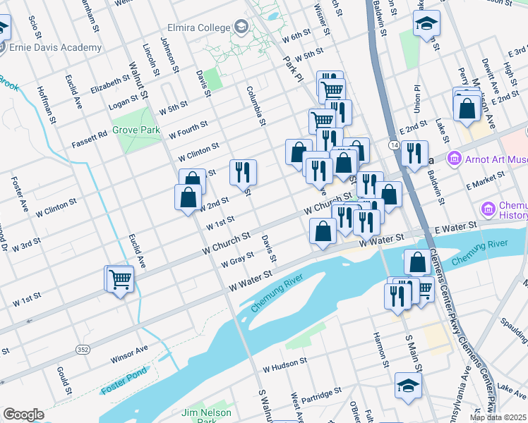 map of restaurants, bars, coffee shops, grocery stores, and more near 374 West Church Street in Elmira