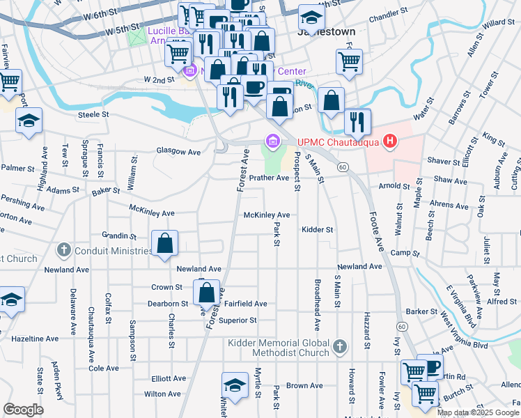 map of restaurants, bars, coffee shops, grocery stores, and more near 11 McKinley Avenue in Jamestown