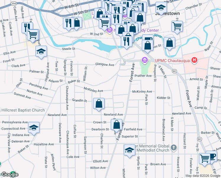 map of restaurants, bars, coffee shops, grocery stores, and more near 108 Barrett Avenue in Jamestown
