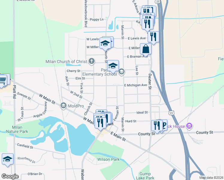 map of restaurants, bars, coffee shops, grocery stores, and more near 420 North Street in Milan