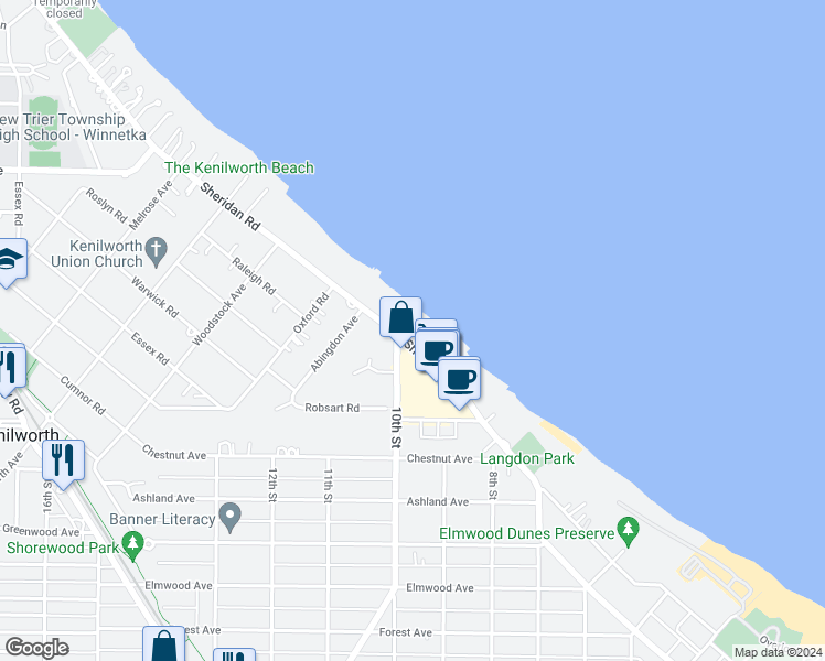 map of restaurants, bars, coffee shops, grocery stores, and more near 1630 Sheridan Road in Wilmette