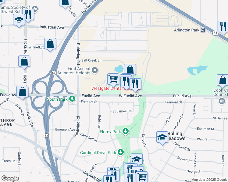 map of restaurants, bars, coffee shops, grocery stores, and more near 3025 West Euclid Avenue in Arlington Heights
