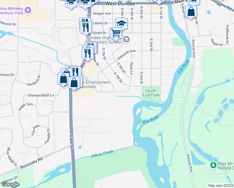 map of restaurants, bars, coffee shops, grocery stores, and more near 741 Strom Drive in West Dundee