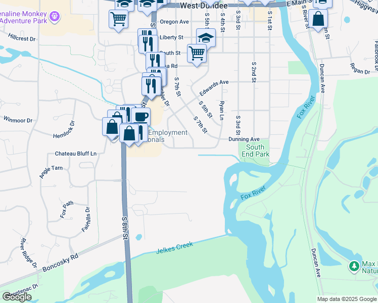 map of restaurants, bars, coffee shops, grocery stores, and more near 741 Strom Drive in West Dundee