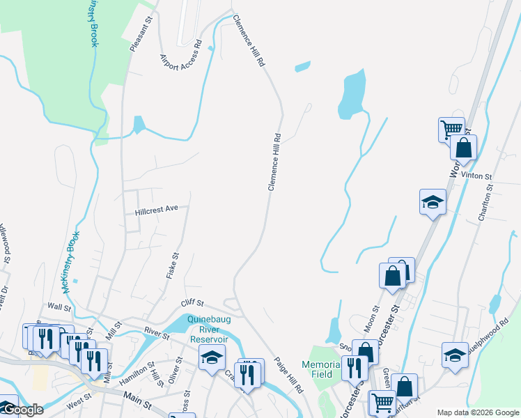 map of restaurants, bars, coffee shops, grocery stores, and more near 143 Clemence Hill Road in Southbridge