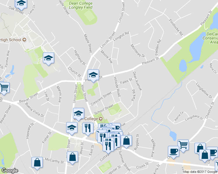map of restaurants, bars, coffee shops, grocery stores, and more near 19 Crescent Street in Franklin