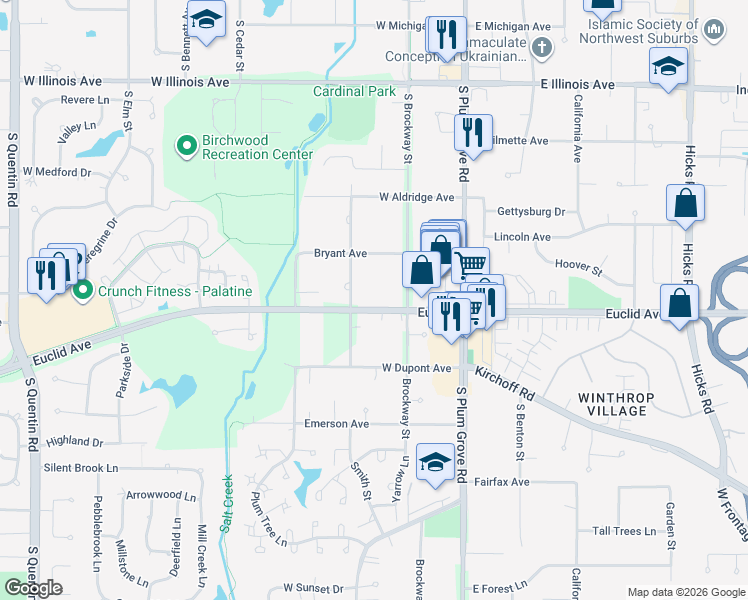 map of restaurants, bars, coffee shops, grocery stores, and more near 4949 Euclid Avenue in Palatine